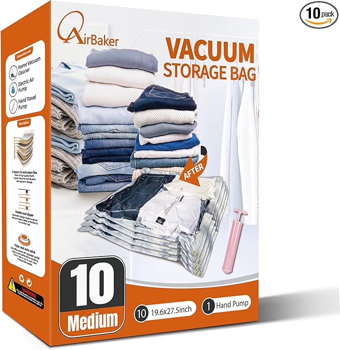 Vacuum Storage Bags, 10 Medium Vacuum Seal Bags for Clothing & Bedding, Space Saver Bags for Organization and Storage, Hand Pump Included(10M)