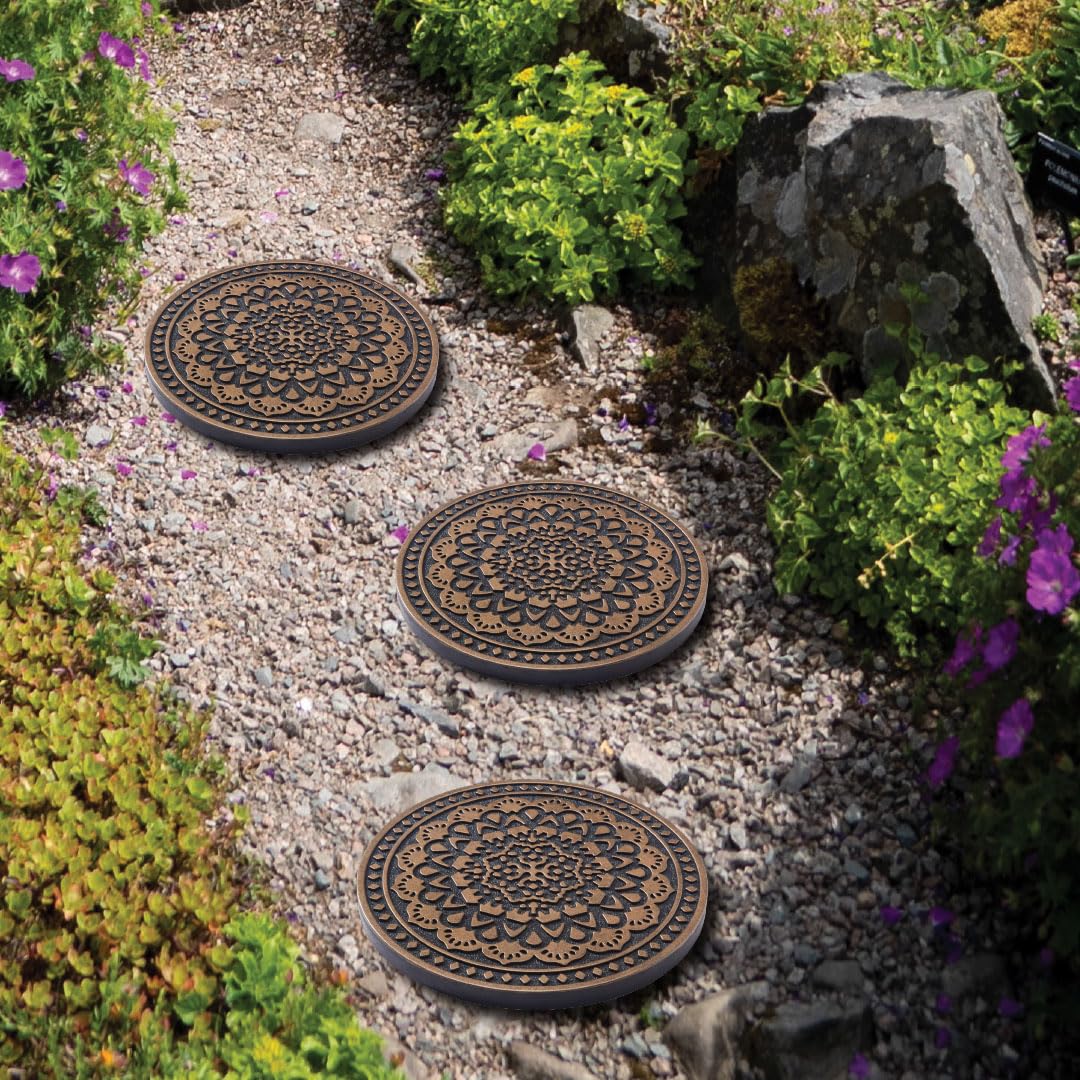Home Furnishings By Larry Traverso HF by LT Deluxe Rubber Stepping Stone, Mandala Design, Heavy Duty 13"" All-Weather Garden Tile, Black with Antique Bronze Finish, Set of 3, TR0786