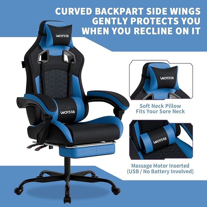Gaming Chair with Footrest, Gaming Chairs PVC Leather Ergonomic Office Gamer Chair Headrest Lumbar Support Racing Style Video Gaming Chair for Office (Black Blue)