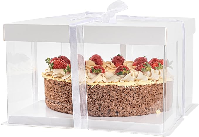 Restaurantware-Sweet Vision 10 Inch x 8.25 Inch Transparent Cake Boxes, 10 Grease Resistant Base Clear Cake Boxes - White Lid, Gray Ribbon, Plastic Birthday Box, For Weddings Or Birthdays