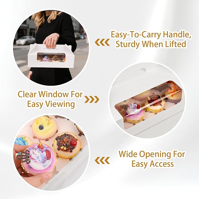FORBFAN White Cupcake Boxes 12 Count, 30 Pcs Cupcake Containers with Handle, Window, and Inserts – Holds 360 Standard Cupcakes, Food-Grade Gable Boxes for Muffins, Cakes, and Party Desserts