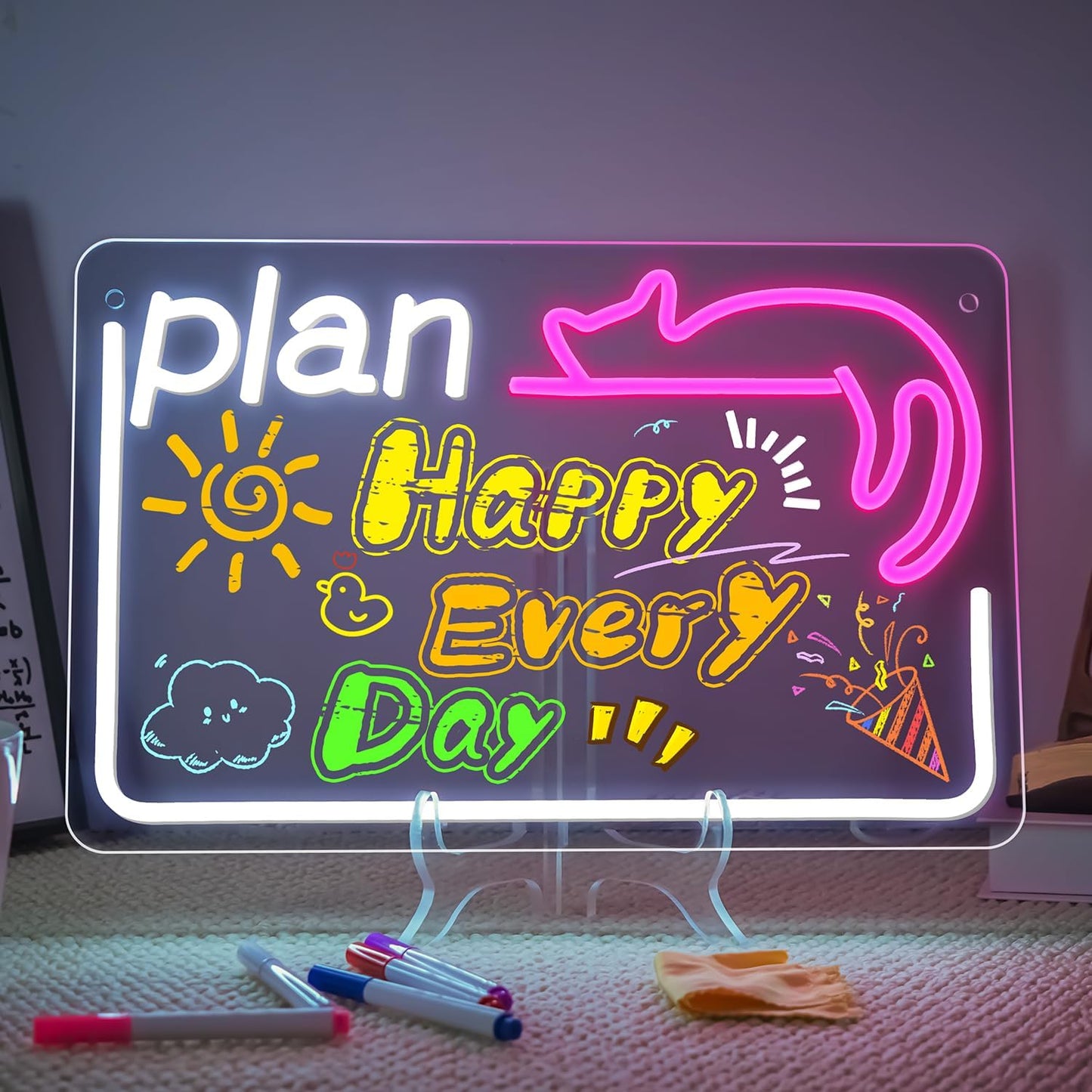 NOSUN Cat Kid LED Note Board 14.6 * 9.5” Acrylic Dry Erase Light Up Message Board with Chain and Stand for Kids With 7 Color Markers TO DO PLAN Glow Rewritable Memo Drawing Writing Board FARE PIANO