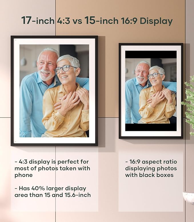 Cozyla 17'' Large Digital Picture Frame WiFi AI-Enhanced Free Unlimited Storage Wall Mount Share Photo＆Video via Apps Smart Digital Photo Frame Electric Picture Frame Slideshow Display Mat