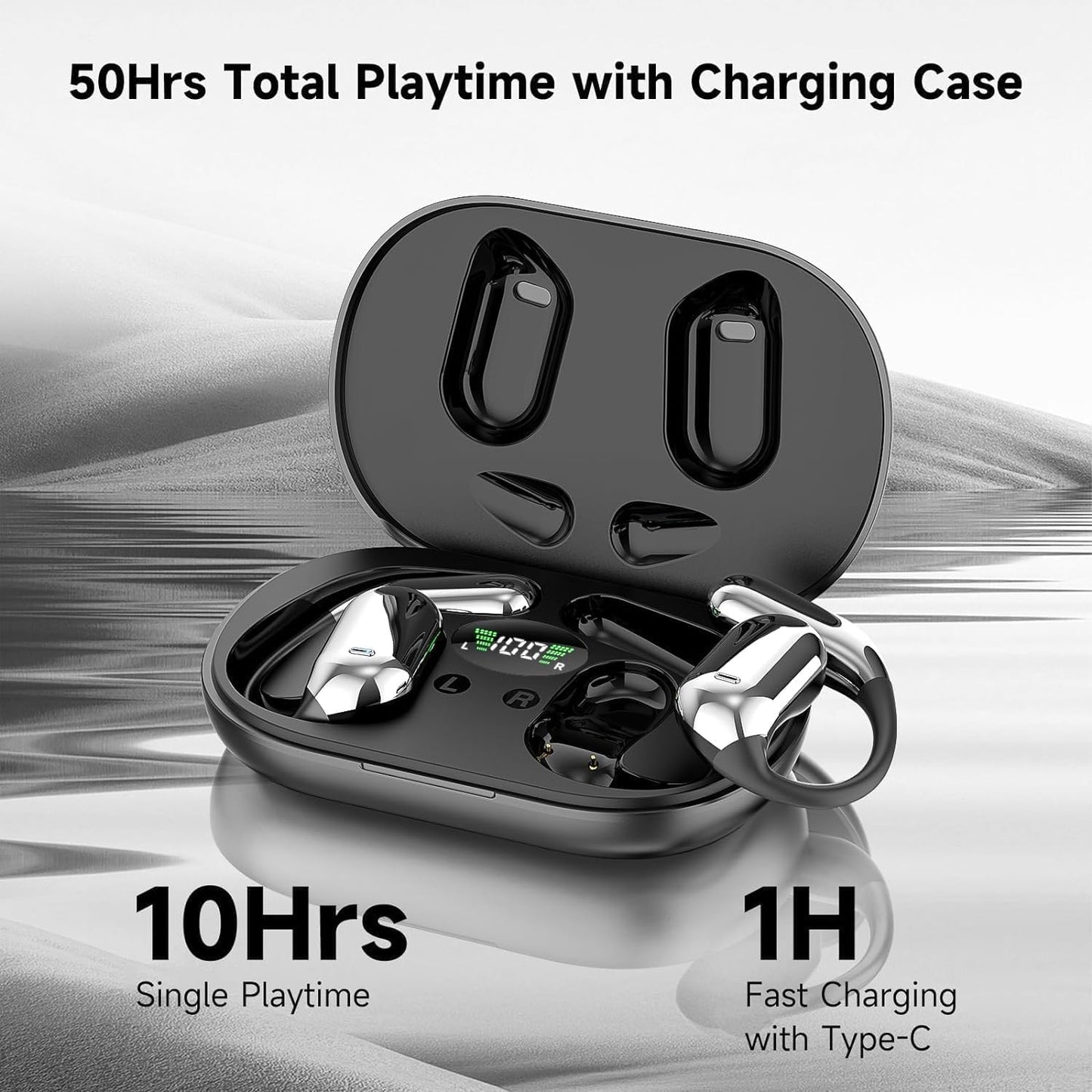 Open Ear Bluetooth 5.4 Headphones, Wireless Earbuds Sport Over Earphones with Ear Hooks 50H Playtime Ear Buds LED Display Charging Case, Waterproof Design for Running Fitness Walking