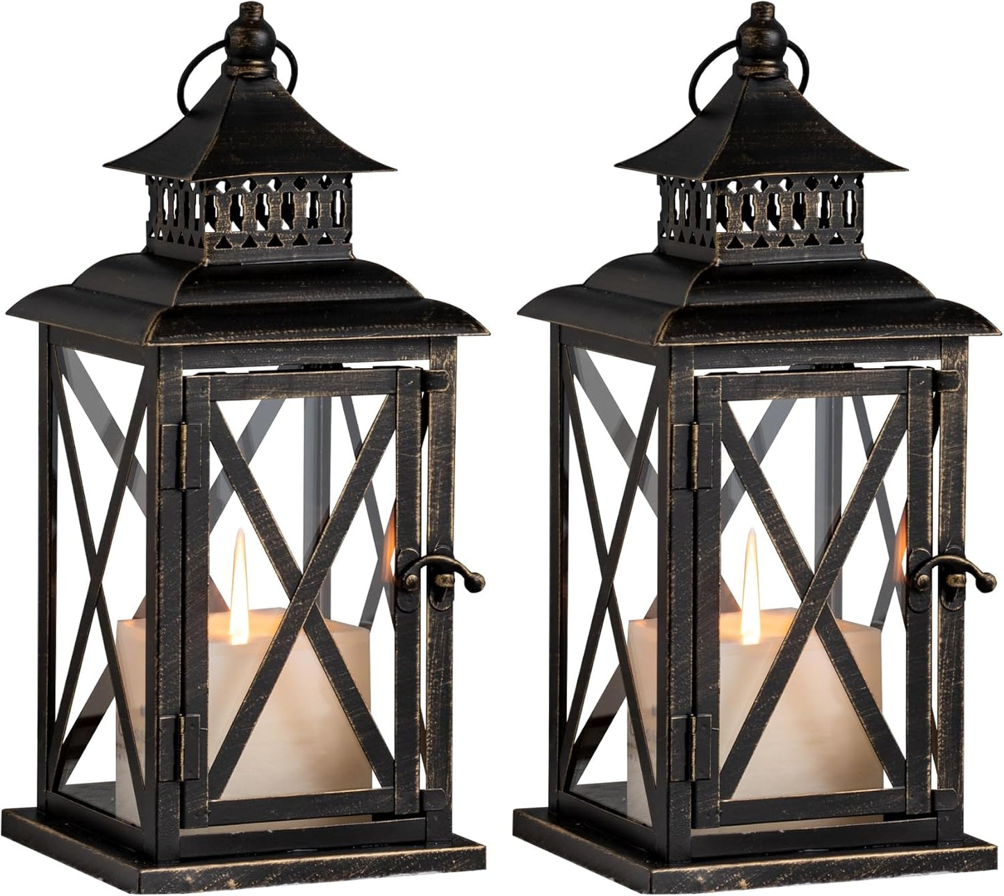 DECORKEY Lantern Decorative Indoor & Outdoor, 2 Pack Large Hanging Candle Lanterns Home Decor, Vintage Metal Candle Holders for Front Porch Patio Wedding Party, Halloween Christmas Decorations (Black)