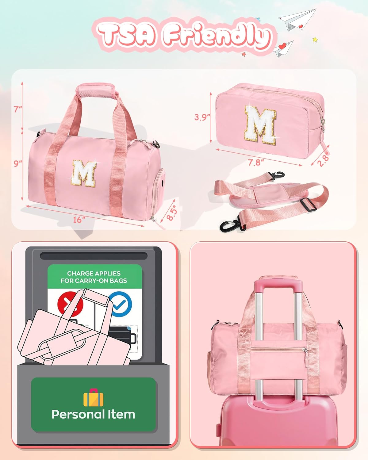 8 Year Old Girl Birthday Gift -Girl Gym Bag with Shoe Compartment, Kid Gymnastics bag, Initial Cheer Bags with Makeup Pouch, Valentines Day Gift for Girls Toddler(Letter R)