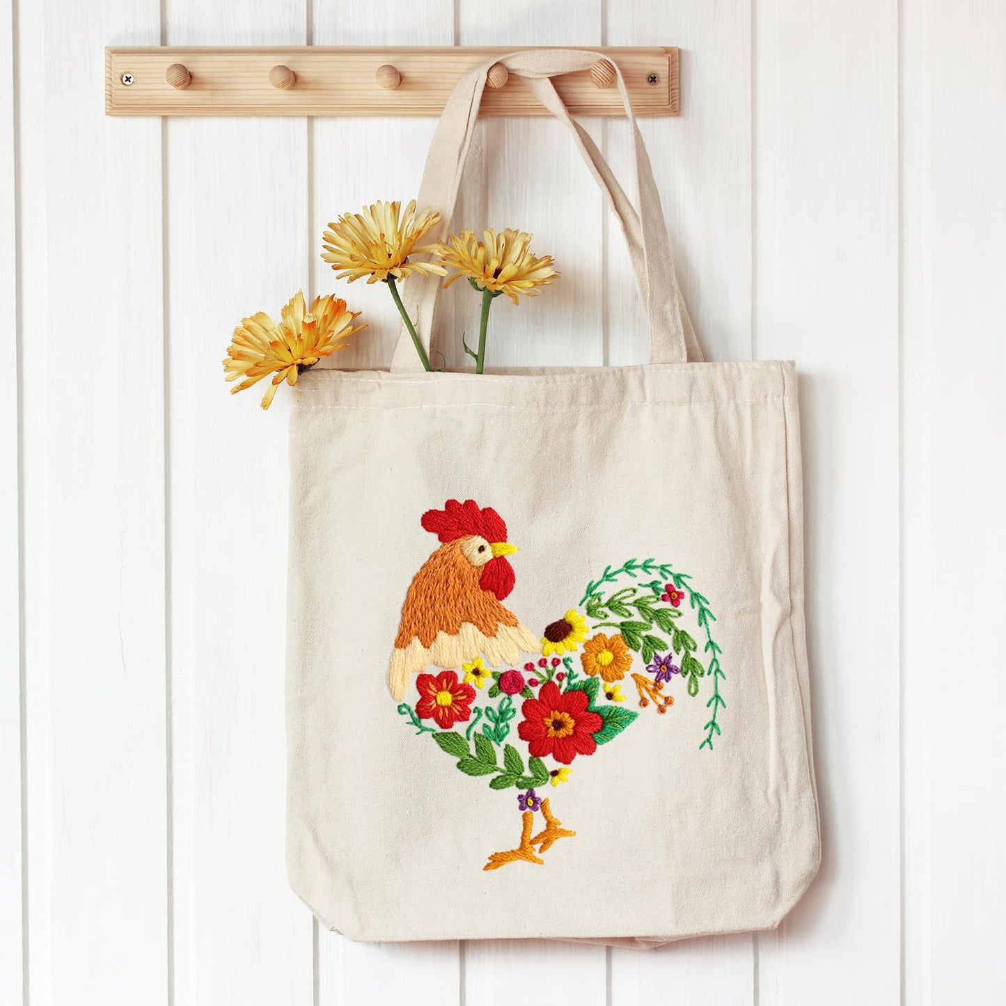 Louise Maelys Embroidery Kit Canvas Tote Bag for Beginners,Cross Stitch Kits for Adults,DIY Needlepoint Include Rooster and Flower Pattern,Women Shopping Reusable Grocery Bags