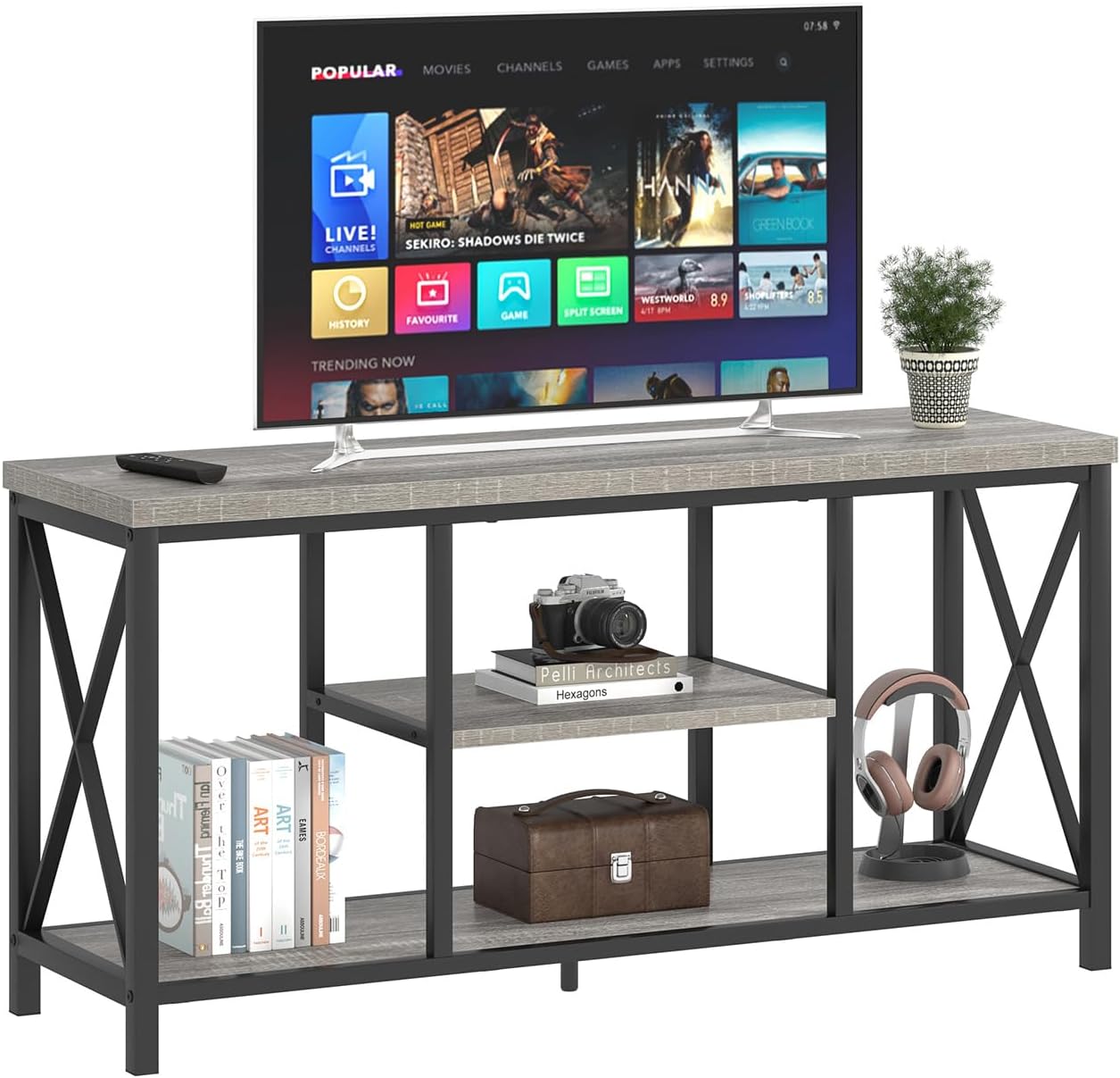 FOLUBAN Modern TV Stand for TVs up to 55 Inch, Rustic Wood Entertainment Center with Storage Shelves, Industrial Media TV Console and TV Table for Living Room Bedroom, 47 Inch Light Grey
