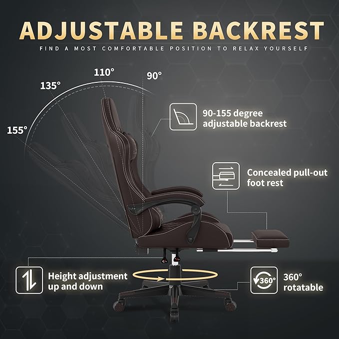 Gaming Chair, 400 lbs Adult Chair, High Back Computer Chair with Footrest and Linked Armrests, Office Video Game Chair with Lumbar Support (Brown)