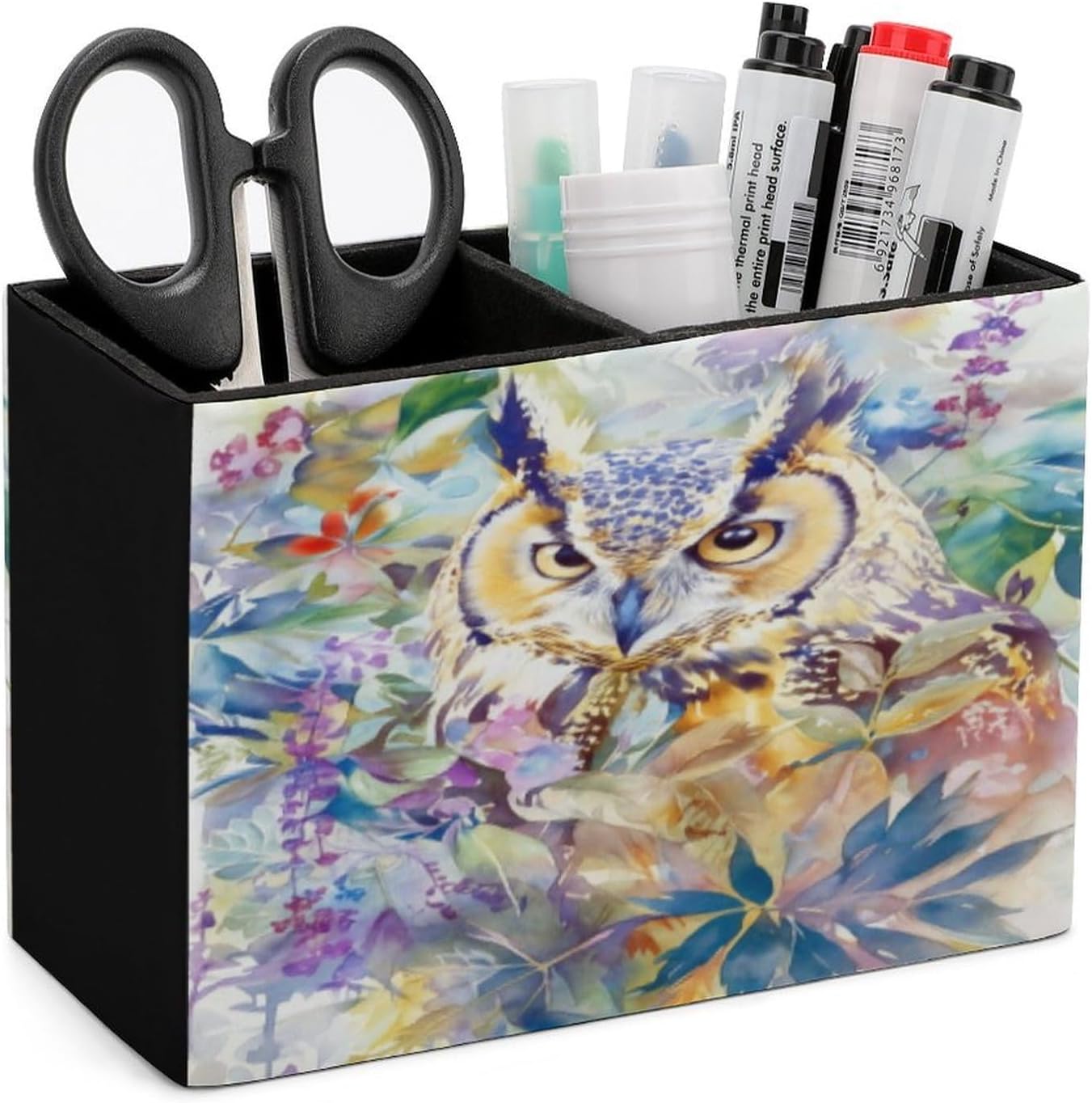 Owl Among Flowers Lether Pen Holder for Desk Makeup Brush Holder Office Organizer Desk Accessory for School Office
