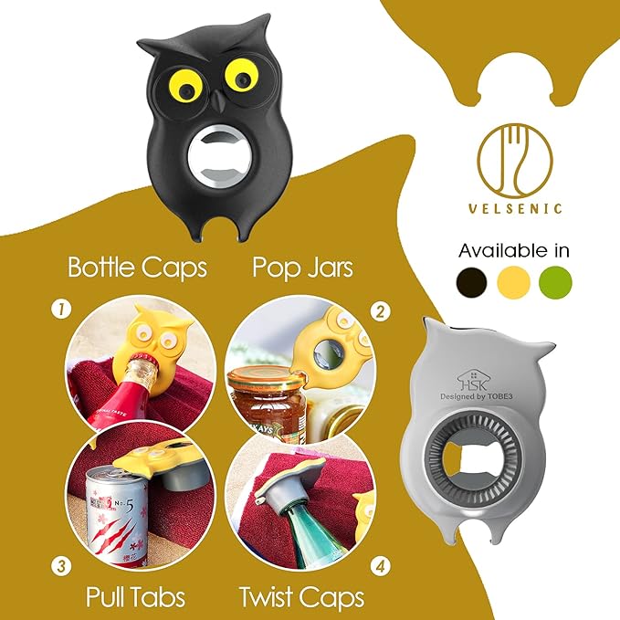 4-in-1 Manual Owl Bottle Opener - BPA-Free Multi-Function Opener for Bottle Caps, Jars, Pull Tabs & Twist Caps, Ergonomic Design for Kids, Seniors & Weak Hands (Yellow)
