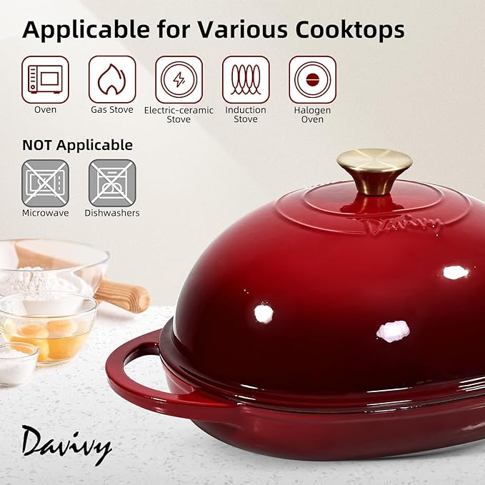 Davivy 6QT Oval Cast Iron Sourdough Dutch Oven with Silicone Oven Mitts, Bread Dutch Oven for Sourdough Bread Baking 6QT, Cast Iron Bread Cloche Loaf Pan with Domed Lid - Ruby Red