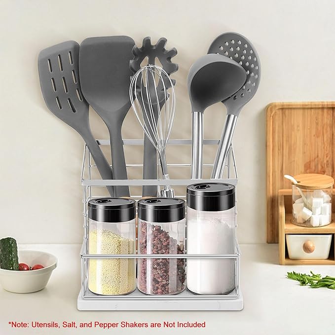 Utensil Holder for Kitchen Counter, Metal Utensil Holder Rack for Salt and Pepper Shakers for Kitchen Countertop, Cooking Tools Storage for Spatula, Large Utensil Organizer with Marble Base