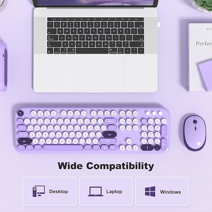 Wireless Keyboard and Mouse Combo, MOWUX Full Size Typewriter Retro Round Computer Keyboard, Cute Optical Mouse Wireless, Plug and Play, for Laptop, PC, Computer- Violet Field