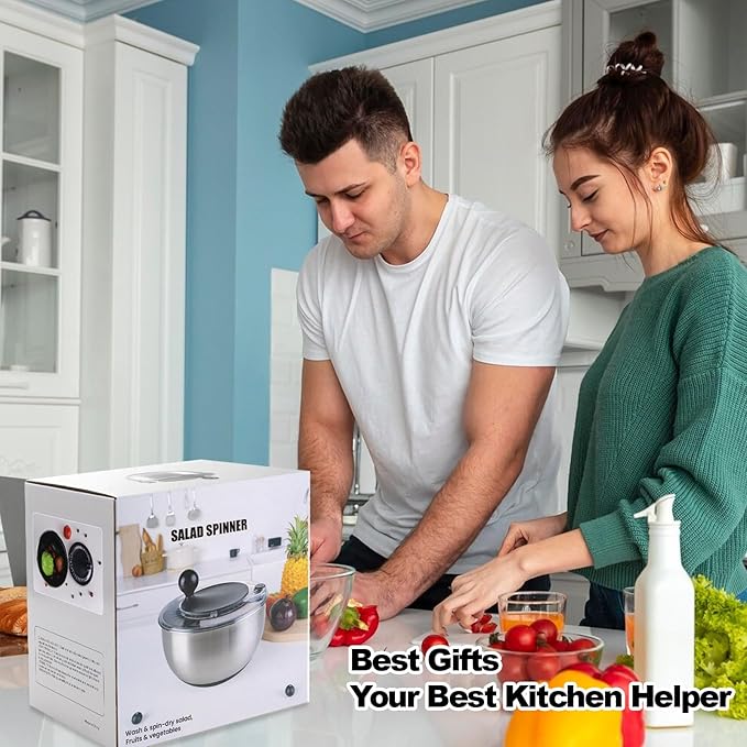 supernal 5.3Qt Salad Spinner Lettuce Spinner with Stop Button Vegetable Dryer Fruit Washer Chopper Bowl Non-Slip Base Dishwasher Safe Fruit Washing Bowl with Strainer Clear Lid & Drainage Hole Black