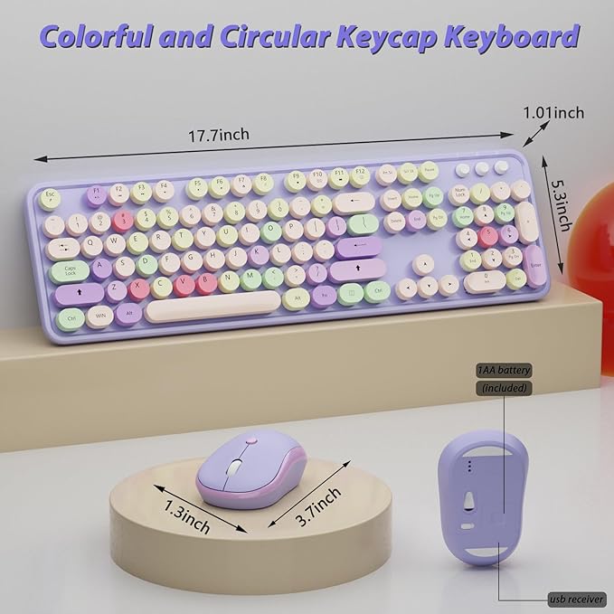 Wireless Typewriter Keyboard and Mouse - Wireless Keyboard with Silent Mouse, Cute Retro Keyboard Mouse Combo, 2.4G USB Computer Keyboard and Mouse for Windows Laptop/Desktop/PC(Purple)