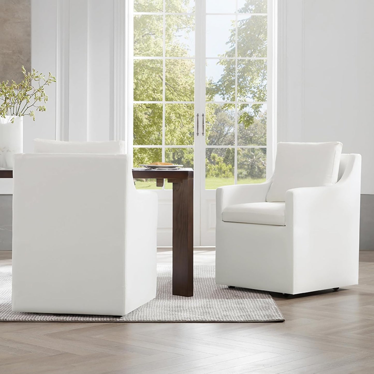 Upholstered Dining Chairs with Casters Washable Cover Side Deskchair with Rollers for Diningroom, Living Room, Cream, 1 Box