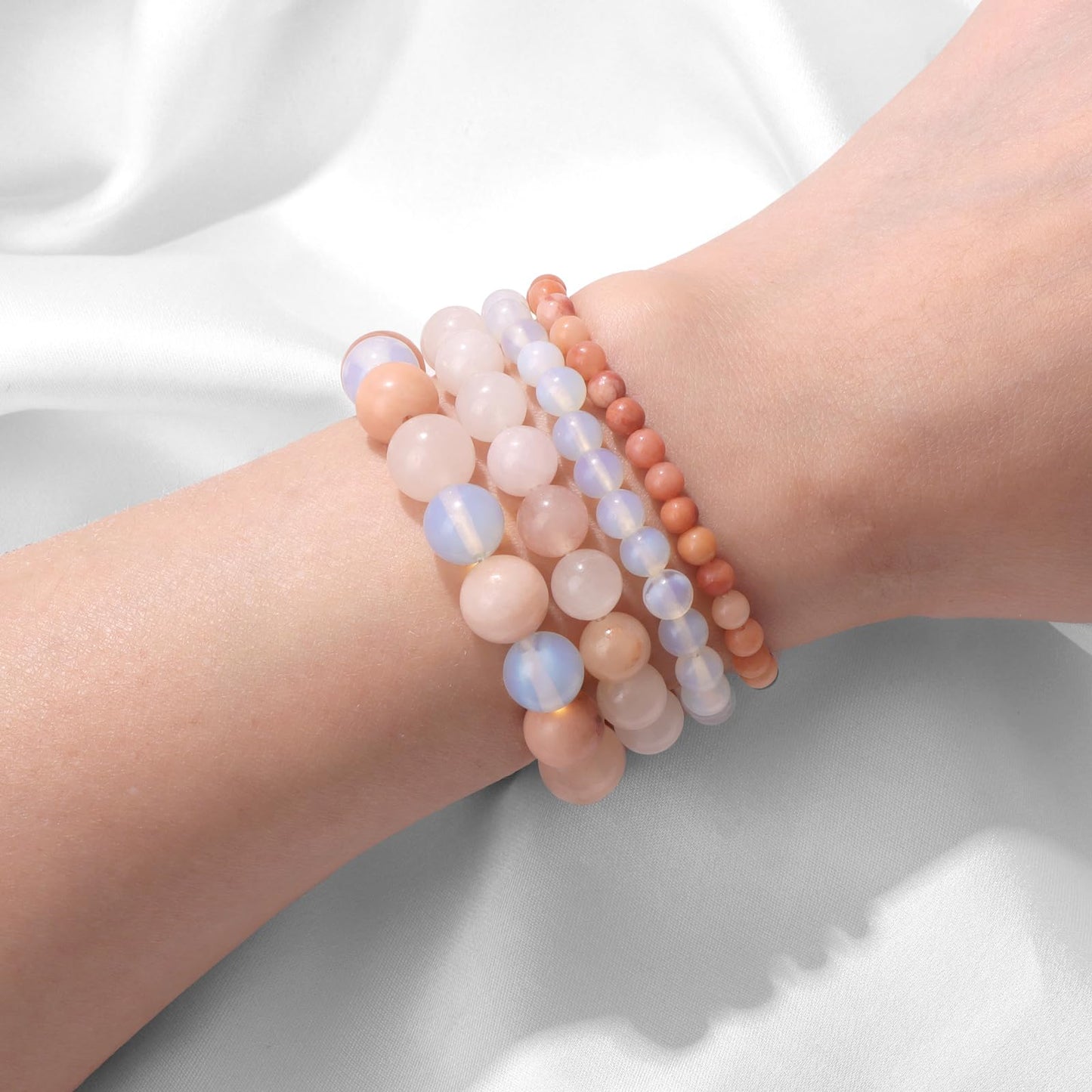 Vinswet 4pcs Natural Stone Beaded Bracelets for Women Men,Healing Crystal Gemstones Stretch Bracelet,4mm 6mm 8mm 10mm Pink aventurine Crystal Opal Anxiety Stress Relief Bracelet Jewelry Gifts