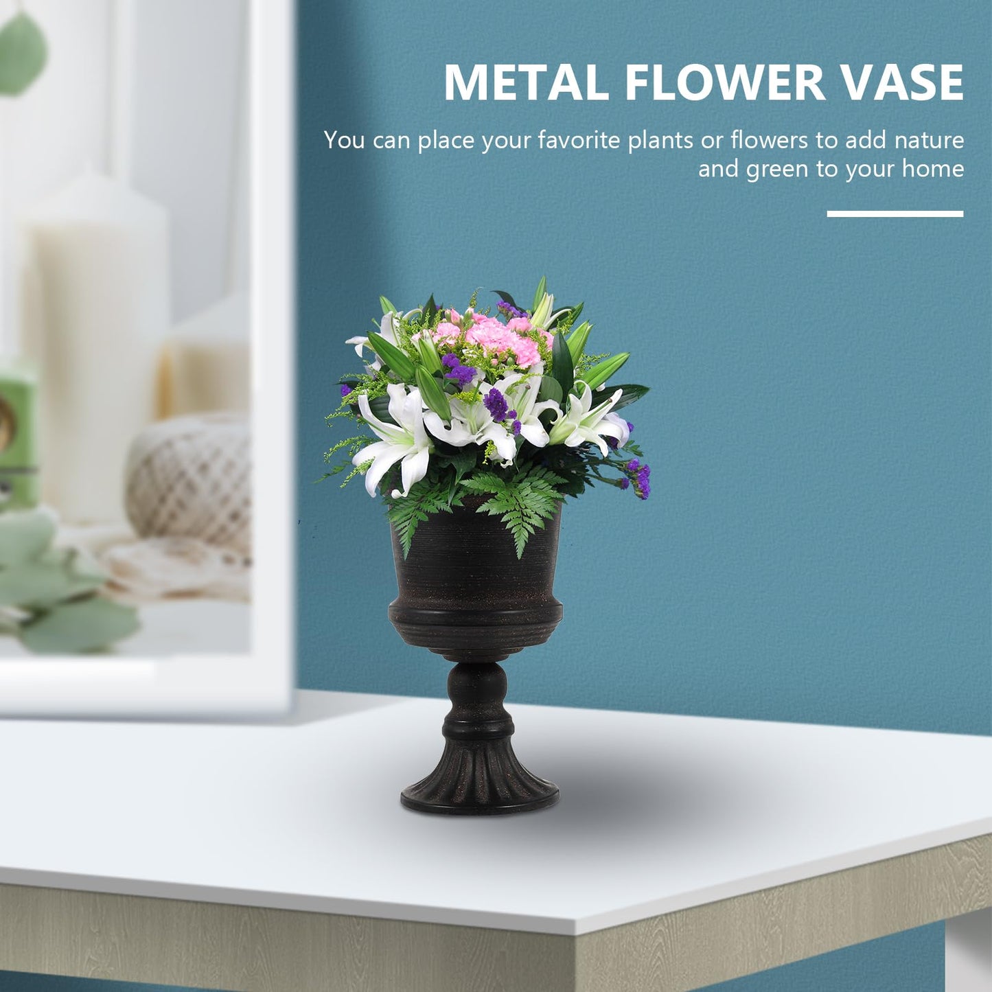 Yardwe Iron Urn Planter, Rustic Metal Flower Pots Decoration Vase for Wedding Party Home Garden Porch Front Door Decoration (Black)