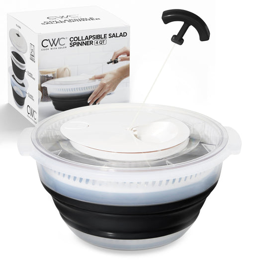 COOK WITH COLOR Collapsible Salad Spinner - 4 QT Space Saving Lettuce Dryer with Folding Collapsible Colander Great for Washing and Drying Fruit and Vegetables (Black)