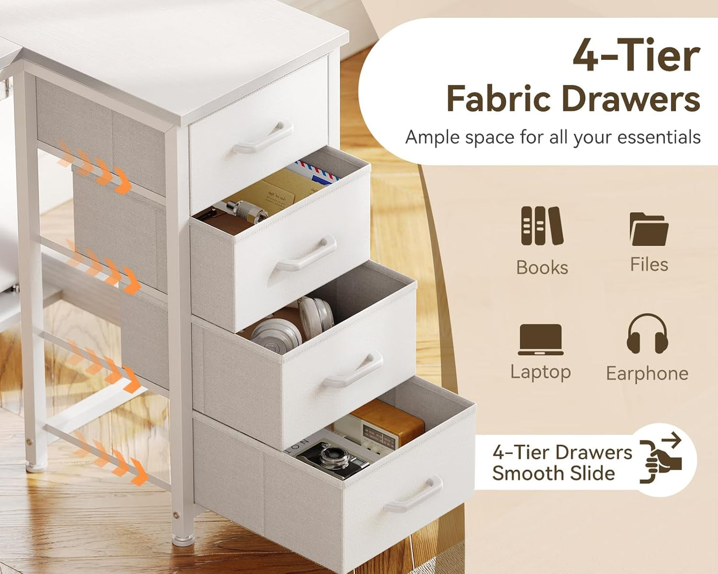 Casaottima L Shaped Desk with 4 Drawers, 47" White Computer Desk with Storage, Reversible Kids Study Table with CPU Stand & Hook, Corner Work Table for Home Office