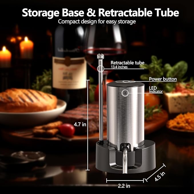 Electric Wine Aerator Wine Decanter Set Rechargeable Automatic Wine Dispenser Wine Pourer with Storage Base, Wine Stopper, Foil Cutter, Retractable Food Grade Stainless Steel Straw