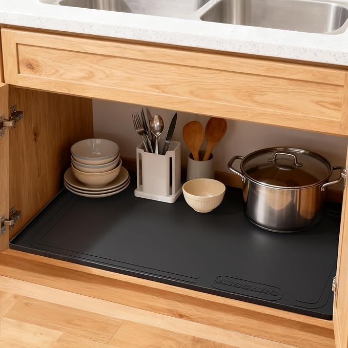 Under Sink Mat 28" X 19", Waterproof Silicone Under Sink Mats for Kitchen, Anti-Leak Shelf Liner & Cabinet Protector with Raised Edge, [BPA Free] Bathroom Tray Home Organizer, Black