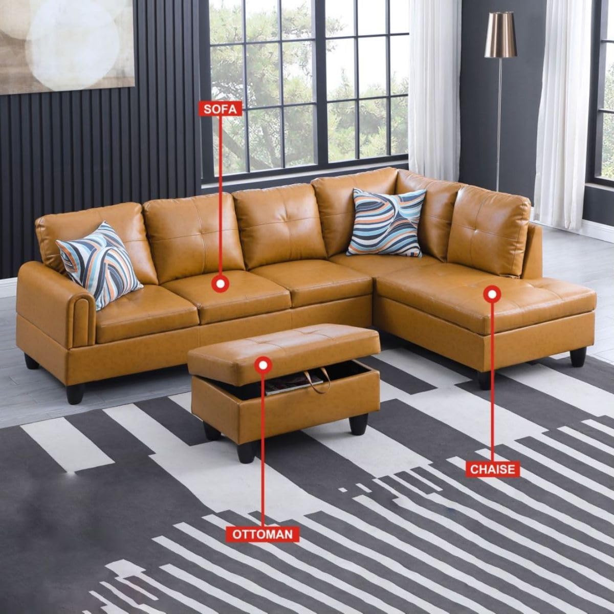 Ginger L-Shaped 3-Piece Faux Leather Sofa with Storage Ottoman Set, Sectional Couch Sofa Set for Living Room, Office, Small Space