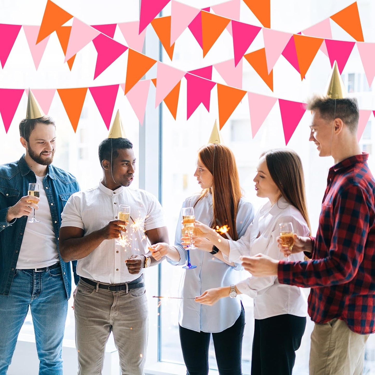 Pasimy 49.21 ft 60 Pieces Pink and Orange Party Pennant Banner Flags Decorations String Triangle Flags for Birthday Baby Shower Carnival Movie Witch Crown Pink Halloween Party Supplies