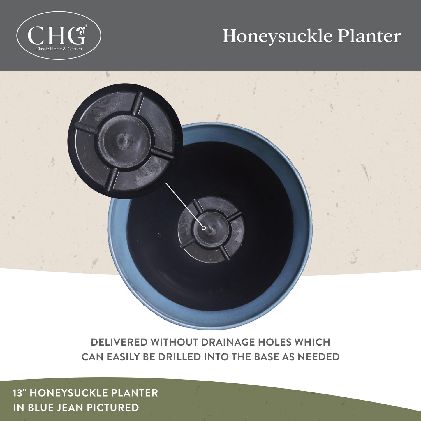 Classic Home and Garden by Growscape Honeysuckle Resin Planters - Lightweight Indoor & Outdoor Plant Pots - UV-Resistant Plastic Flower Pots - Pot Planters for Flowers & Herbs (13", Blue Jean)