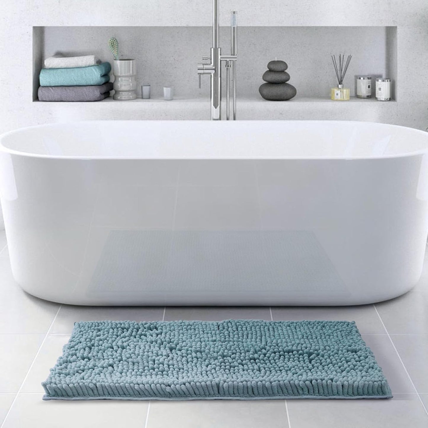 FRESHMINT Large Chenille Bathroom Rugs Mat 36”x24”, Non-Slip Bath Mat for Bathroom Floor & Bathtub, Washable Soft Shower Shag Bath Rugs, Soft Fluffy Thick Water Absorbent Microfiber Shower Mat, Blue
