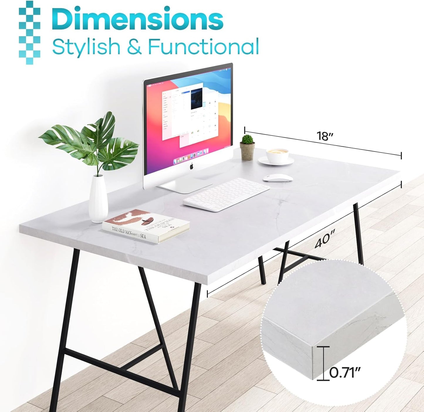 Kaboon Universal Tabletop 40"x18", Solid One-Piece Melamine Table Top, DIY, Home and Office, White Rock