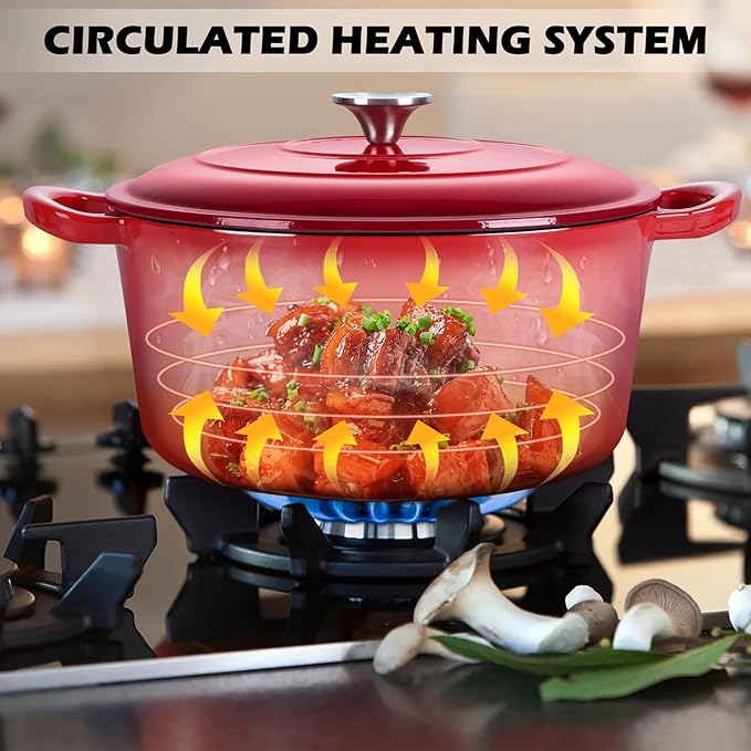 TeamFar Enameled Cast Iron Dutch Oven, 6 Quart Pot with Lid & Dual Handles - Heavy Duty Cookware Oven Safe up to 500° F for Bread Baking, Stews, Braising, Roasting - Red