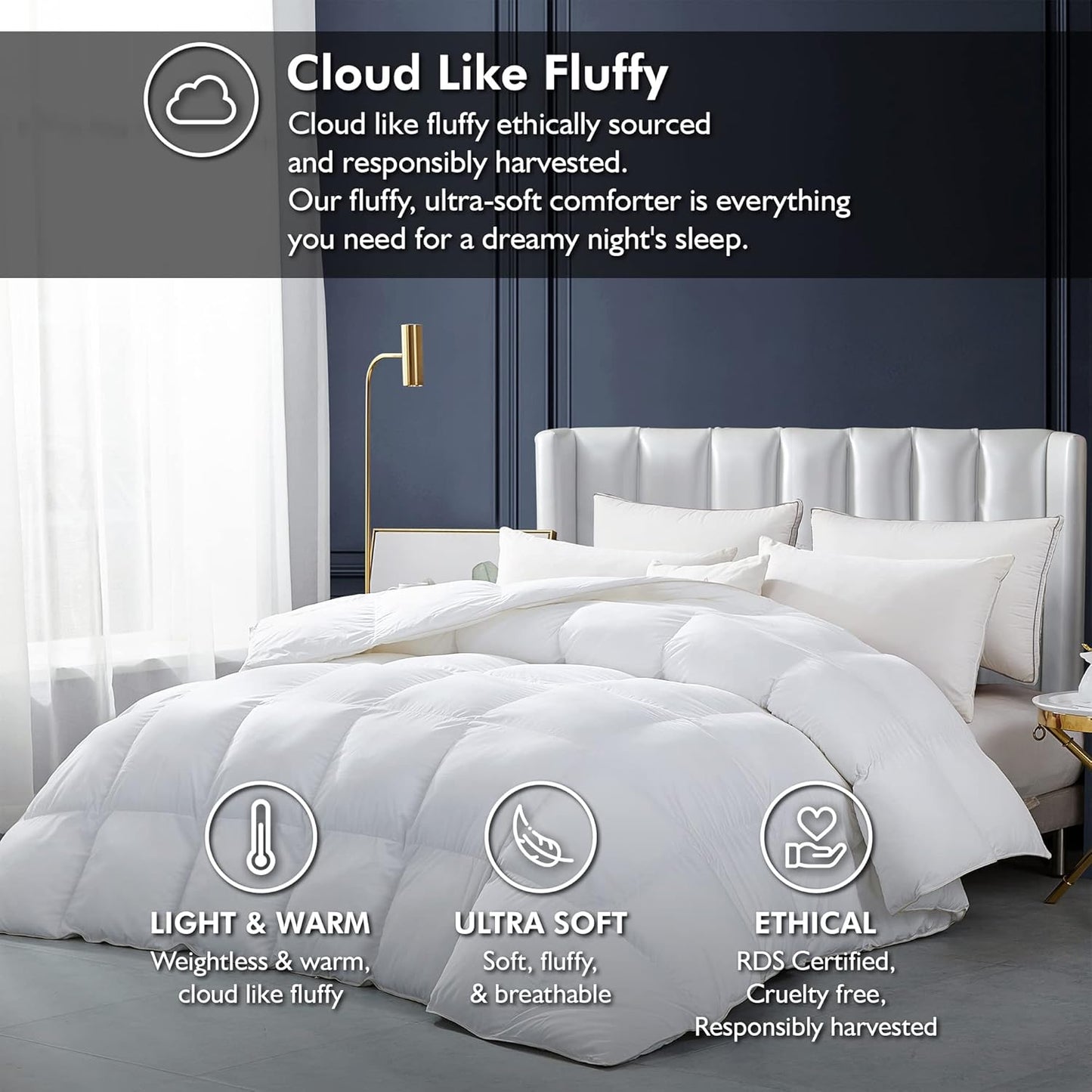 Luxurious White Solid Heavy Weight, King Size Goose Feathers Down Comforter for Winter Weather Duvet Insert, Premium Baffle Box, 100% Egyptian Cotton Cover, 70 oz. Fill Weight