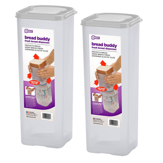 Buddeez Bread Buddy Airtight Bread Storage Container- Slice by Slice Dispensing Design - Perfect Pantry Organizer - White Lid Pack of 2