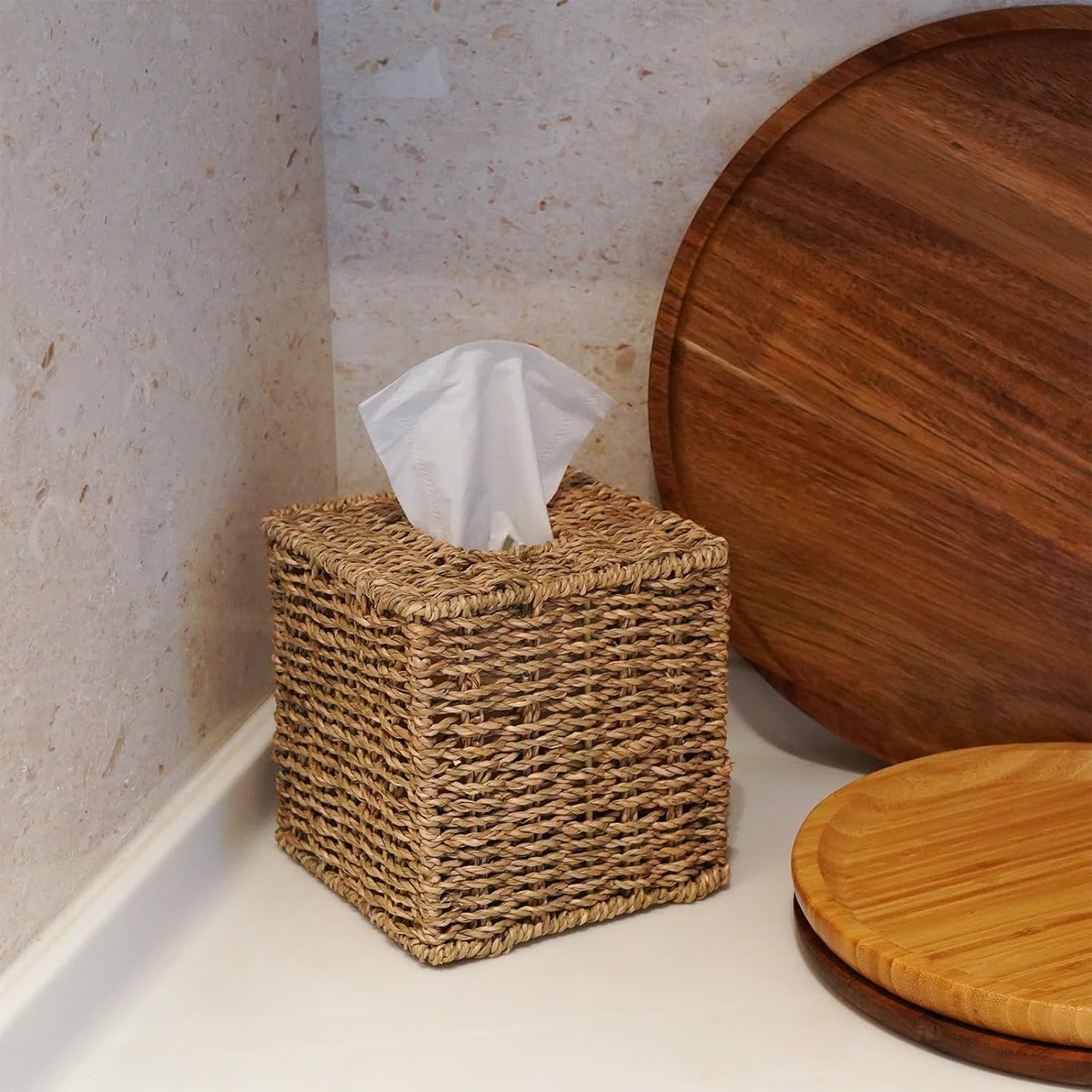 Set of 2 Seagrass Handwoven Wicker Tissue Box Cover, Natural Handmade Napkin Box Holder, Handcrafted Square Facial Tissue Holder for Bathroom, Rustic Decorative on Table and Bathroom,Boho Decorative