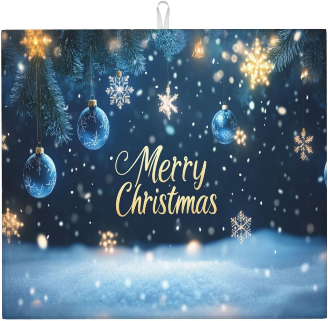 Dish Drying Mat Winter Snowflake Christmas Blue Ball Absorbent Microfiber Non Slip Quick Dry Heat Resistant Holiday Decorative Kitchen Counter Mat for Plates Cups Glasses 16x18 Inch