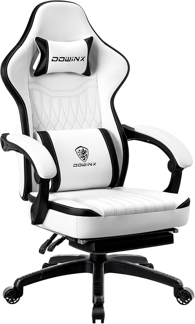 Dowinx Gaming Chair Breathable PU Leather Gamer Chair with Footrest Massage Lumbar Support, Big and Tall Ergonomic Reclining Computer Chair with Pocket Spring Cushion for Adults Teens (Black&White)