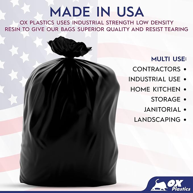 Ox Plastics Trash Can Liners Bags - 42 Gallon Capacity & 3mil Thick Extra Heavy Duty Strength - Large Garbage, Leak-Proof & Durable, House & Commercial Use Bags Black 37 X 43 (25 Count)