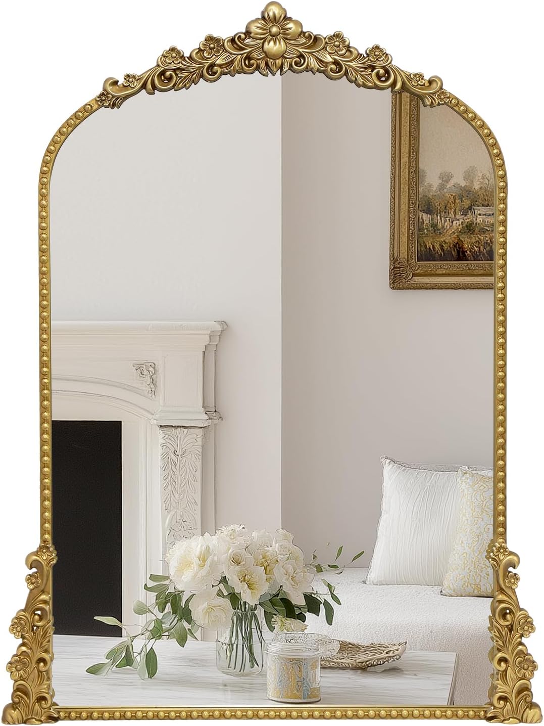 Vintage Arched Mirror, 24"x 36"Antique Baroque Mirror Style Metal Beaded Frame for Entryway Hallway Living Room,Vintage Gold