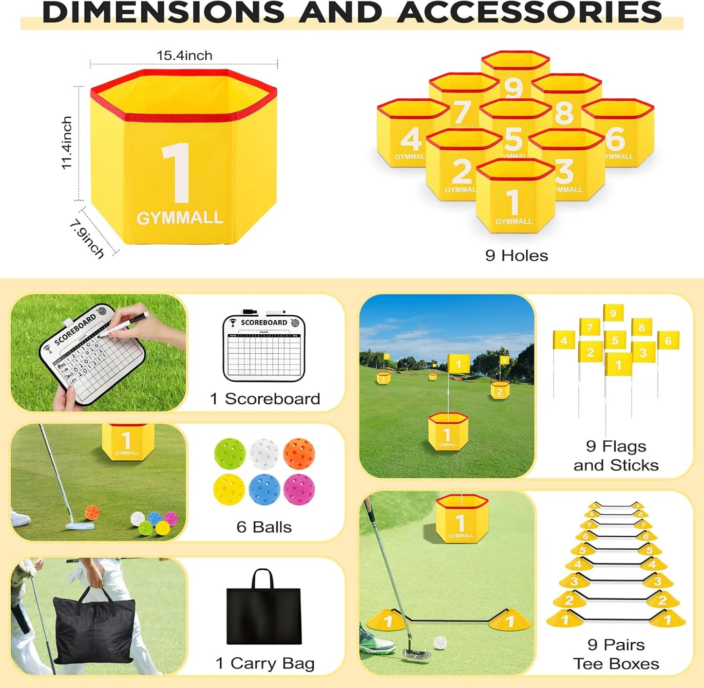 Backyard Golf Set for Kids, Adults and Family, Portable 9 Holes Golf Course with Balls, Flags and Carry Bag for Lawn, Park, Beach and Hotel - Yellow