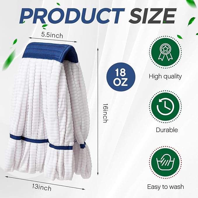 Hushee 12 Pack Large Microfiber Tube Mop Heads 18 oz Heavy Duty Commercial Industrial Wet Mop Head Refill Reusable Machine Washable Looped End Mopheads for Hardwood, Tile, Laminate Floors (White)