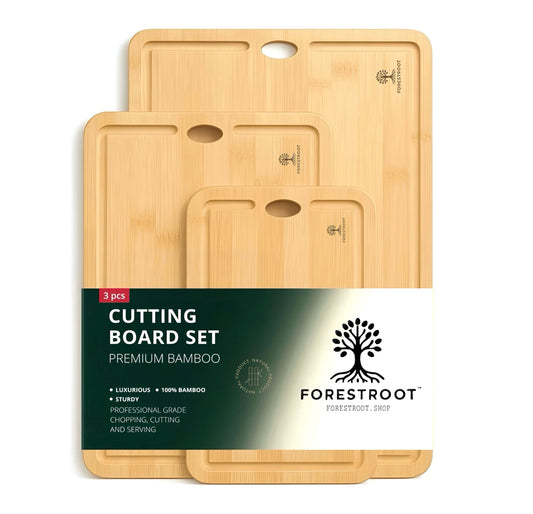 Forestroot Bamboo Cutting Board Set – 3-Piece Natural Bamboo Boards with Deep Juice Grooves & Hanging Holes, Eco-Friendly Wooden Cutting Boards for Kitchen, Perfect for Chopping Meat, Bread & Fruits
