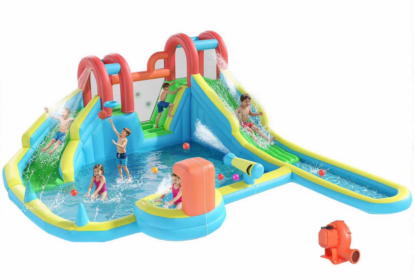 HOMMOW Inflatable Water Slide,10 in 1 Double Water Slide Bounce House for Kids 3-12 with Blower, Splash Pool, Water Cannon, Climbing Wall, Basketball Hoop for Kids Indoor Outdoor Backyard
