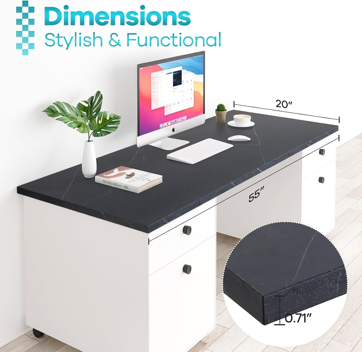 Kaboon Universal Tabletop 55"x20", Solid One-Piece Melamine Table Top, Double Desk L-Desk DIY, Home and Office,Cloud Atlas/Black Marble