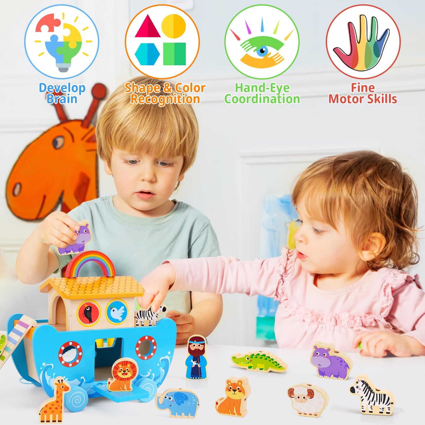 Toddlers Noah's Ark Toys with Wooden Animal Shape Sorters, Baptism Gifts for Girls Boys 2 3 4 Years Old, Montessori Educational Toys for Toddlers, Bible Story Book for Kids Ages 2-4