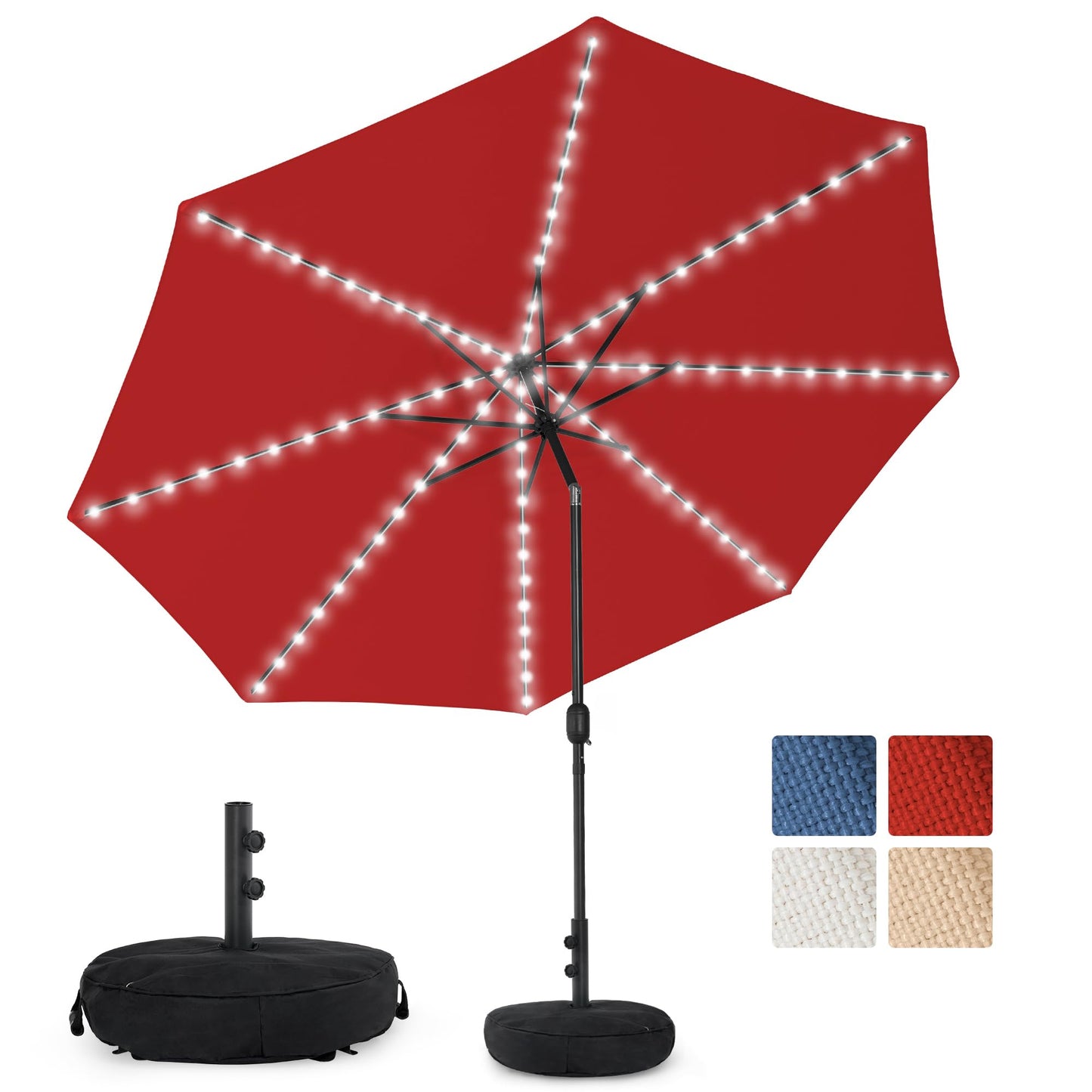 Sundale Outdoor Olefin 5-Year-Non-Fading Solar 104 LED 11FT Solar Patio Umbrella with Sand Bag Base, Outdoor Umbrella with Tilt and Crank, Red