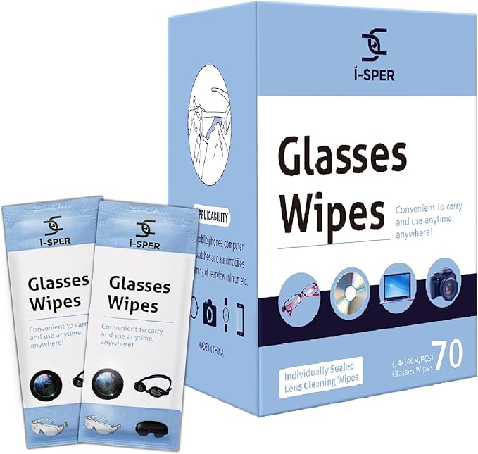 70 Count Lens Wipes for Eyeglasses, Pre-Moistened Individual Wrapped Glasses Wipes Lens Cleaner, with a Carrying Box, Defogging Screen Wipes for Sunglass, Goggles, Camera, Computer, Laptops Screens