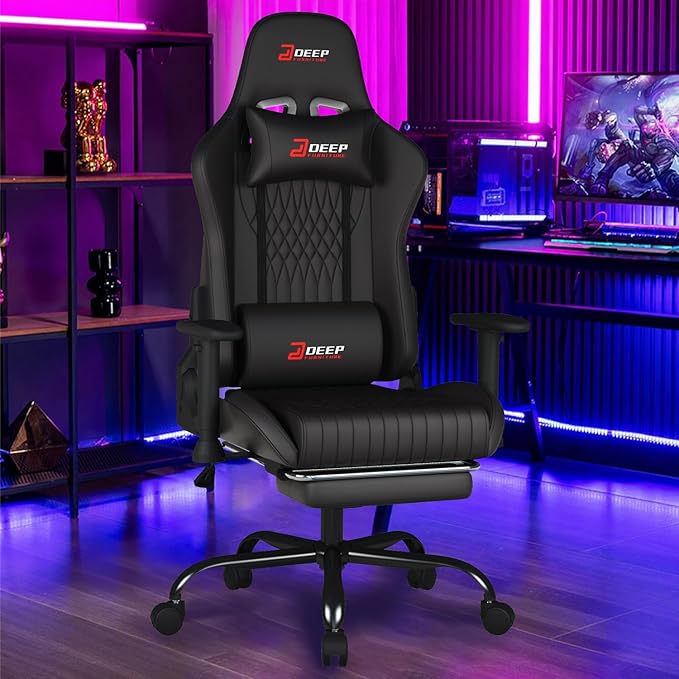 Video Game Chair with Footrest Ergonomic Comfortable Gaming Office Chair Height-Adjustable with a 360° Swivel Base and Headrest(1002-Black)