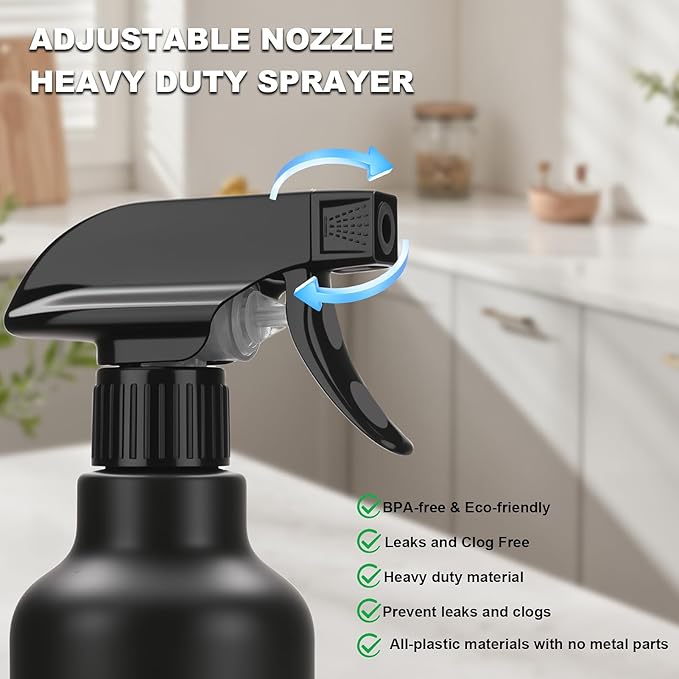 Spray Bottles Plastic Spray Bottle for Hair Mist/Stream Heavy Duty Empty Spray Bottles for Cleaning Solutions, Plants, Cooking (16.9oz-Black)